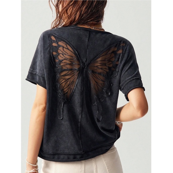 Black Butterfly Mesh Sheer Back Insert Tee Shirt - Picture 5 of 9